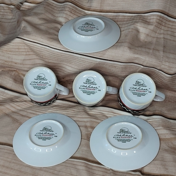 Ella's Rooster Bob Timberlake vintage coffee cups & saucers white green red blue - Picture 4 of 4